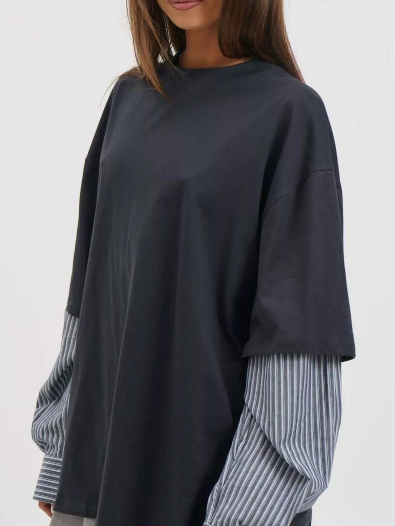 Oversized Layered-Look T-Shirt with Striped Sleeves