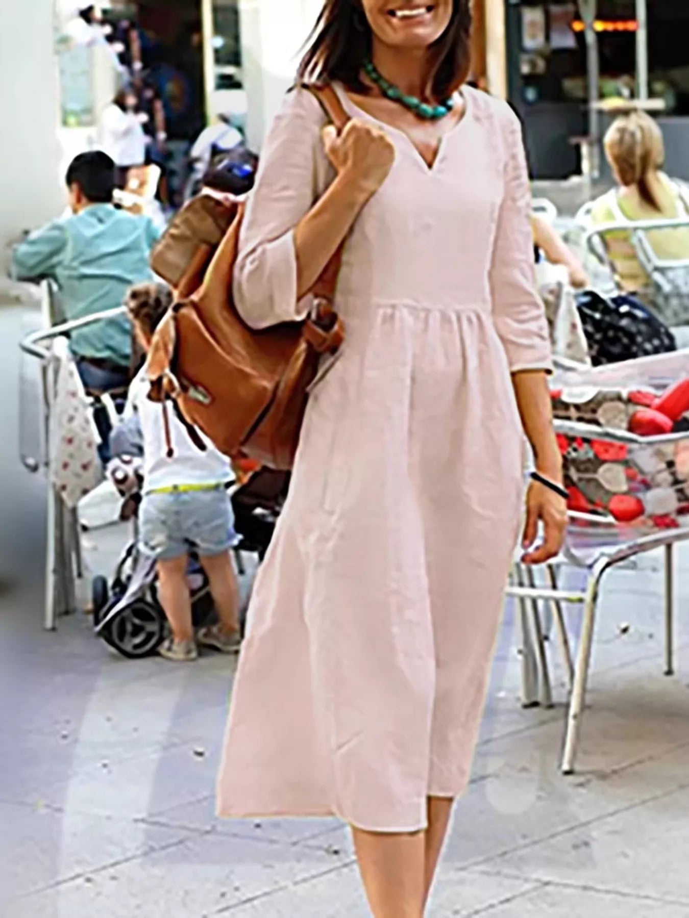 Full Size Notched 3/4 Sleeve Midi Dress Plus Size