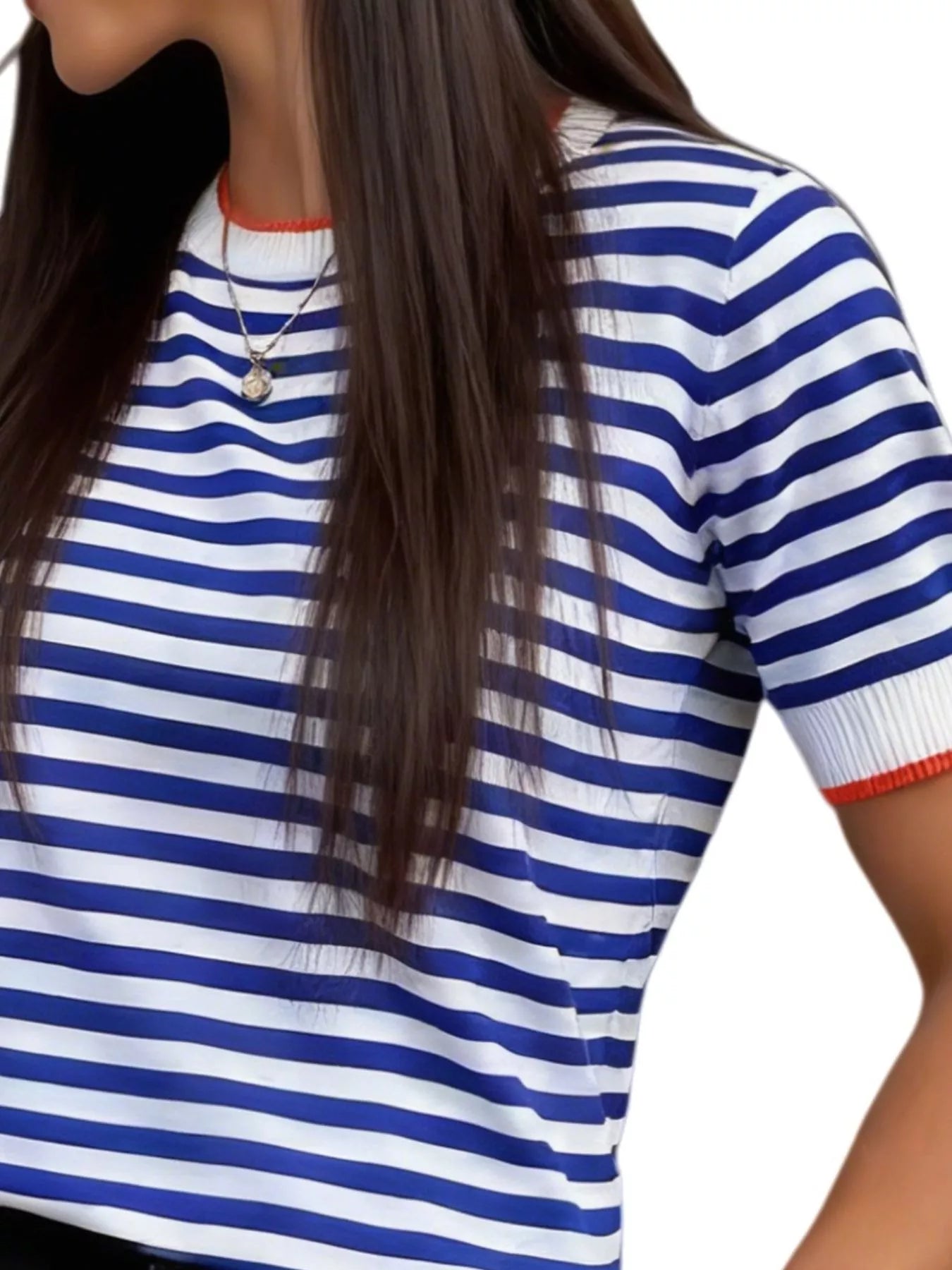 Contrast Trim Striped Short Sleeve Knit Top
