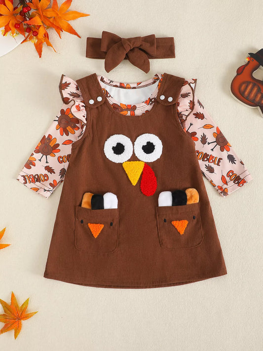 Children's Long Sleeve Bodysuit & Thanksgiving Turkey Dress Set with Headband