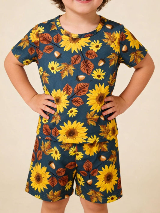 Children's Sunflower & Autumn Leaves Print Tee and Shorts Set