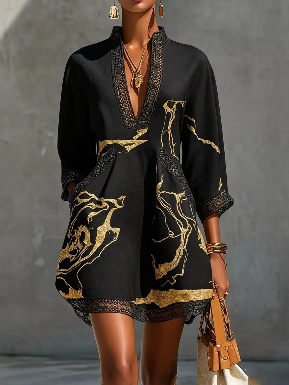Notched 3/4 Sleeve Mini Dress