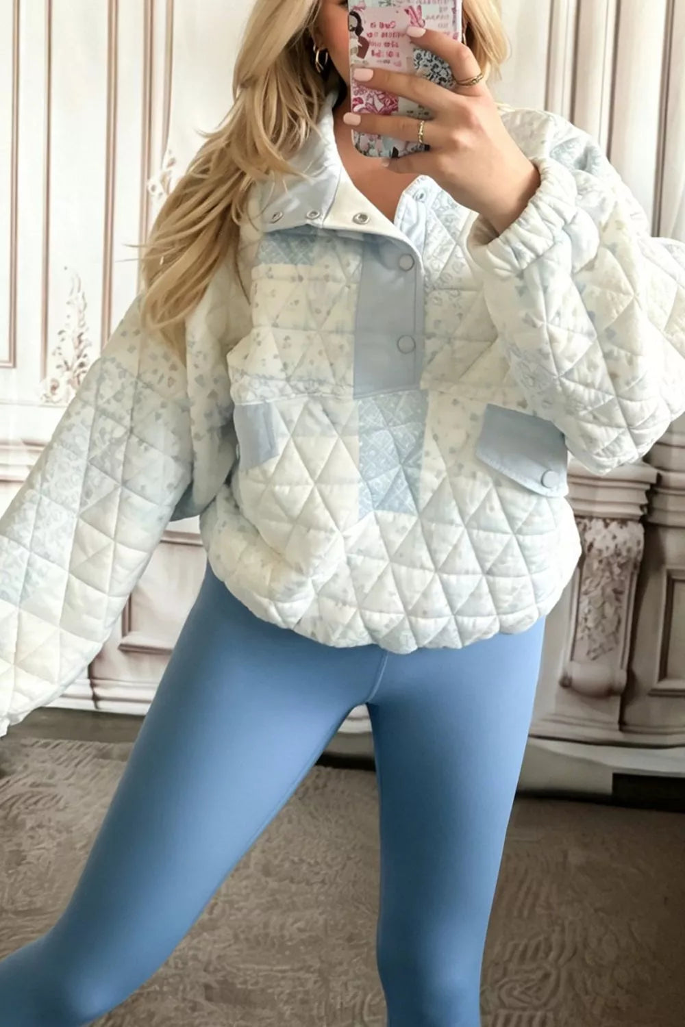 Patchwork Quilted Snap-Neck Sweatshirt