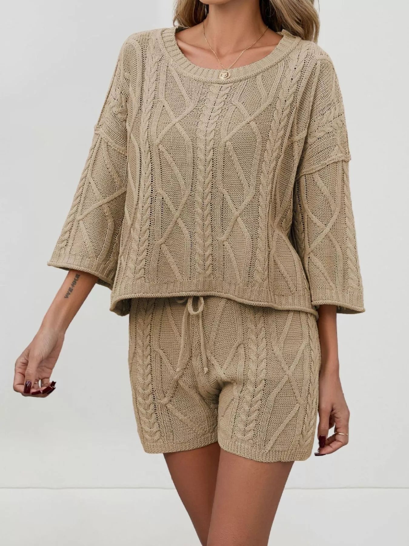 Cable Knit 3/4 Sleeve Sweater and Shorts Set