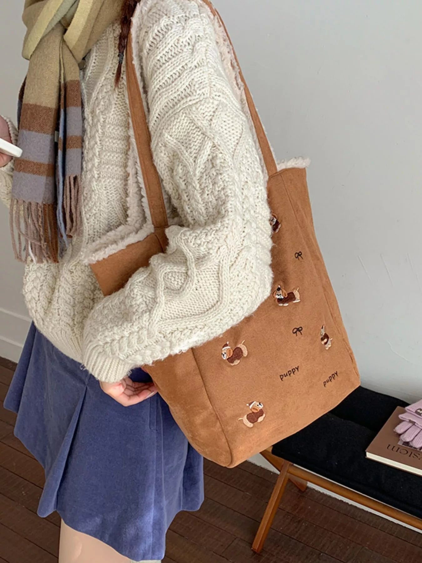 Embroidered Plush Tote Bag