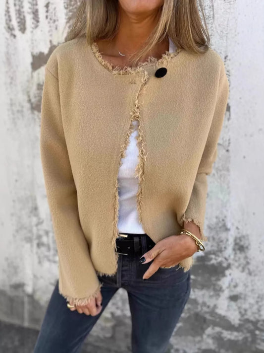 Full Size One Button Frayed Edge Cardigan Plus Size