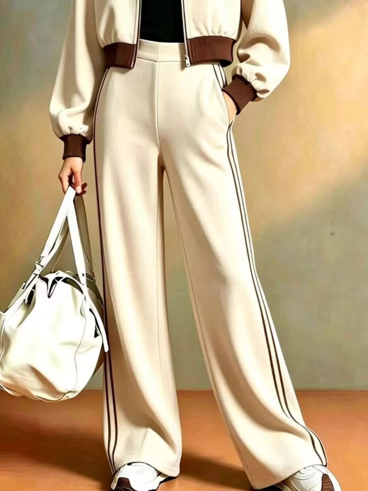 Contrast Ribbed Jacket and Wide-Leg Pants Tracksuit Set