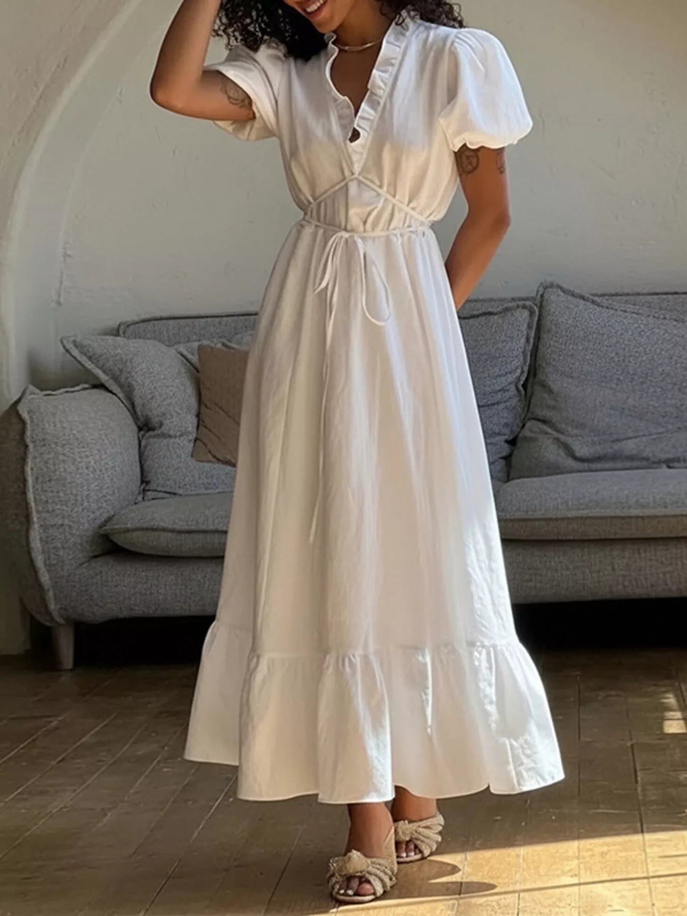 Full Size Puff Sleeve Ruffle Trim Maxi Dress Plus Size