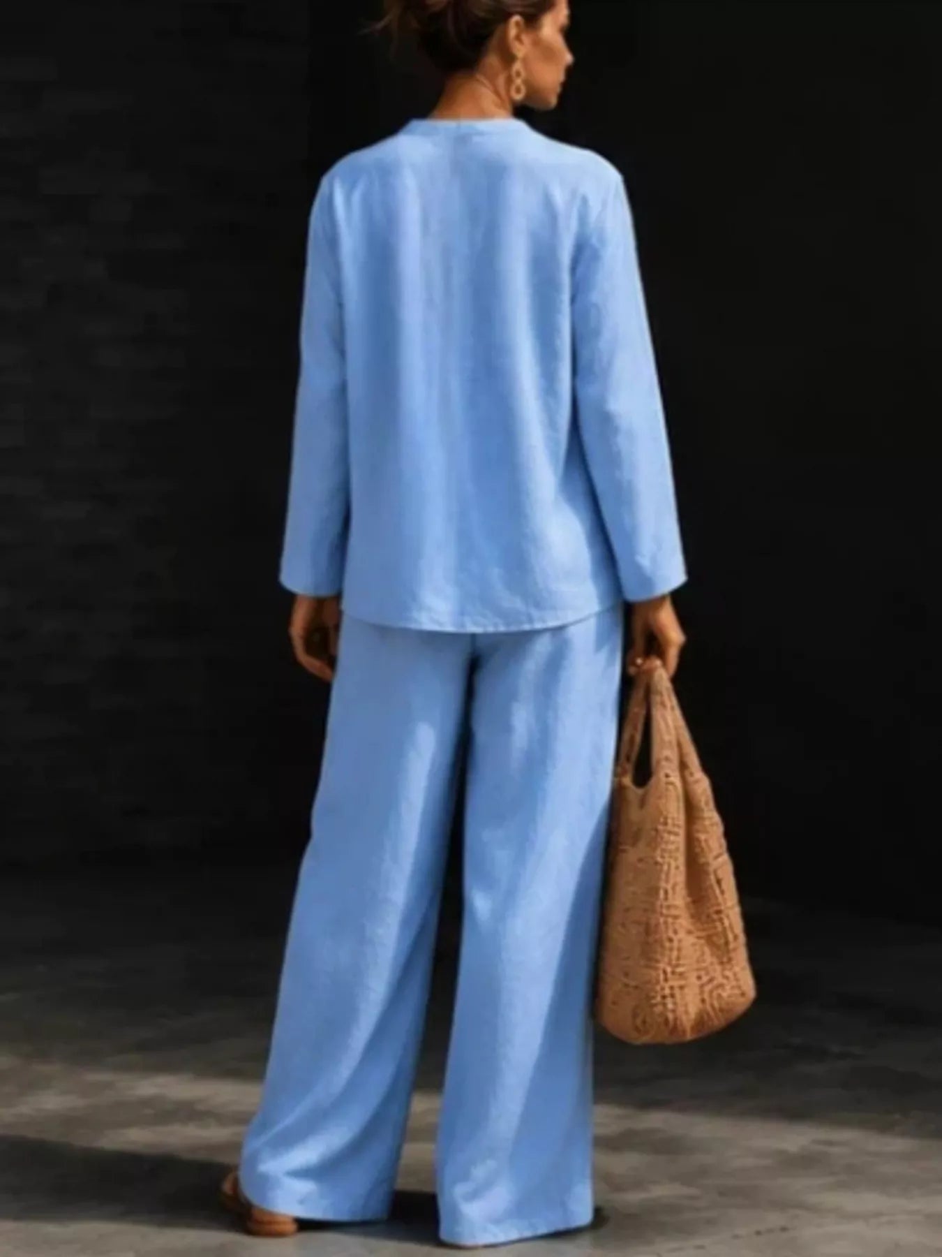 Notched Long Sleeve Top and Pants Set