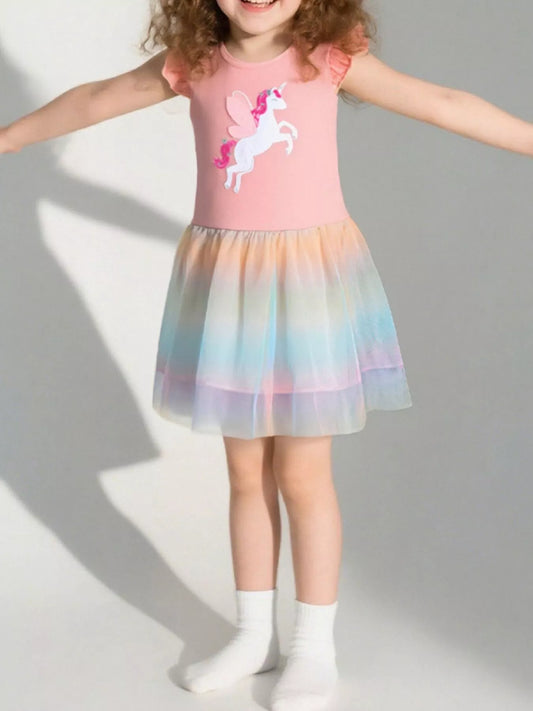Children's Unicorn Applique Rainbow Tulle Dress