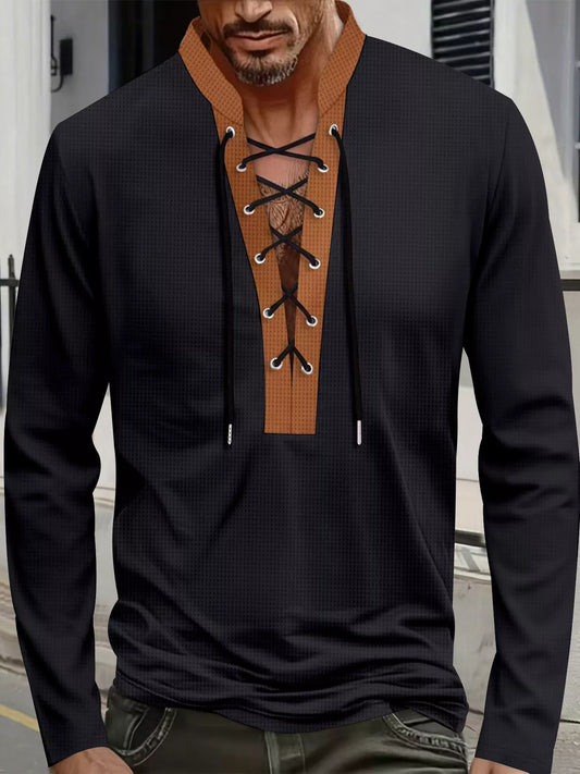 Men's Full Size Vintage Lace-Up Long Sleeve T-Shirt Plus Size