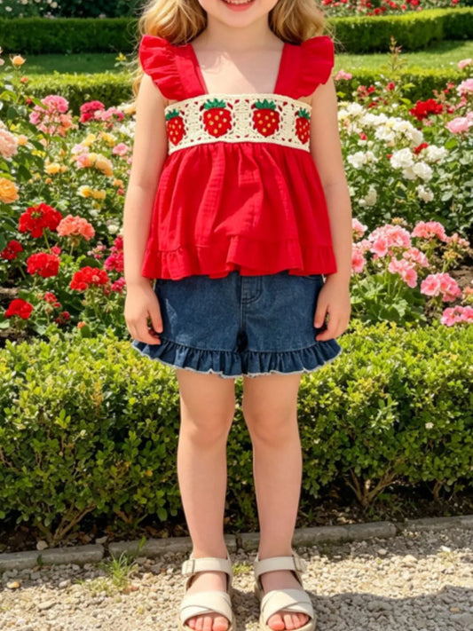 Children's Strawberry Crochet Trimmed Top and Denim Shorts Set
