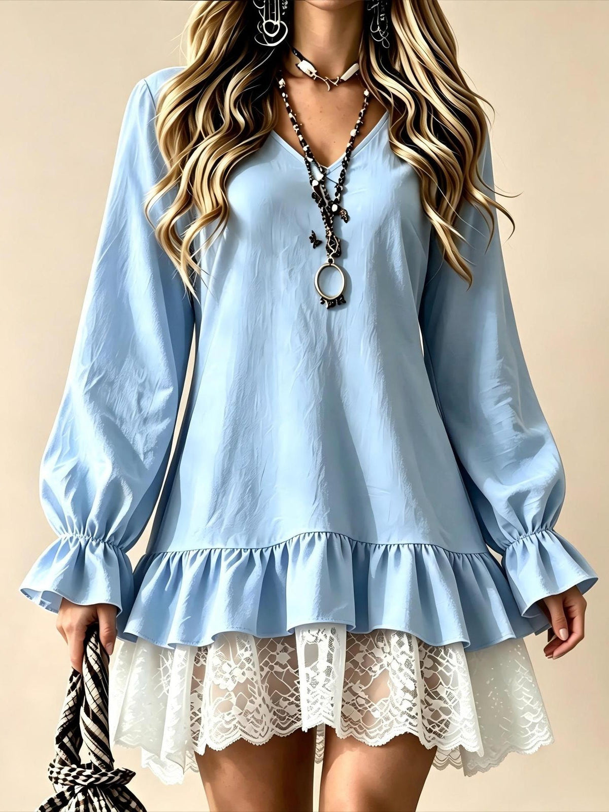 Women's Ruffled V-Neck Lace Hem Mini Dress with Lantern Sleeves