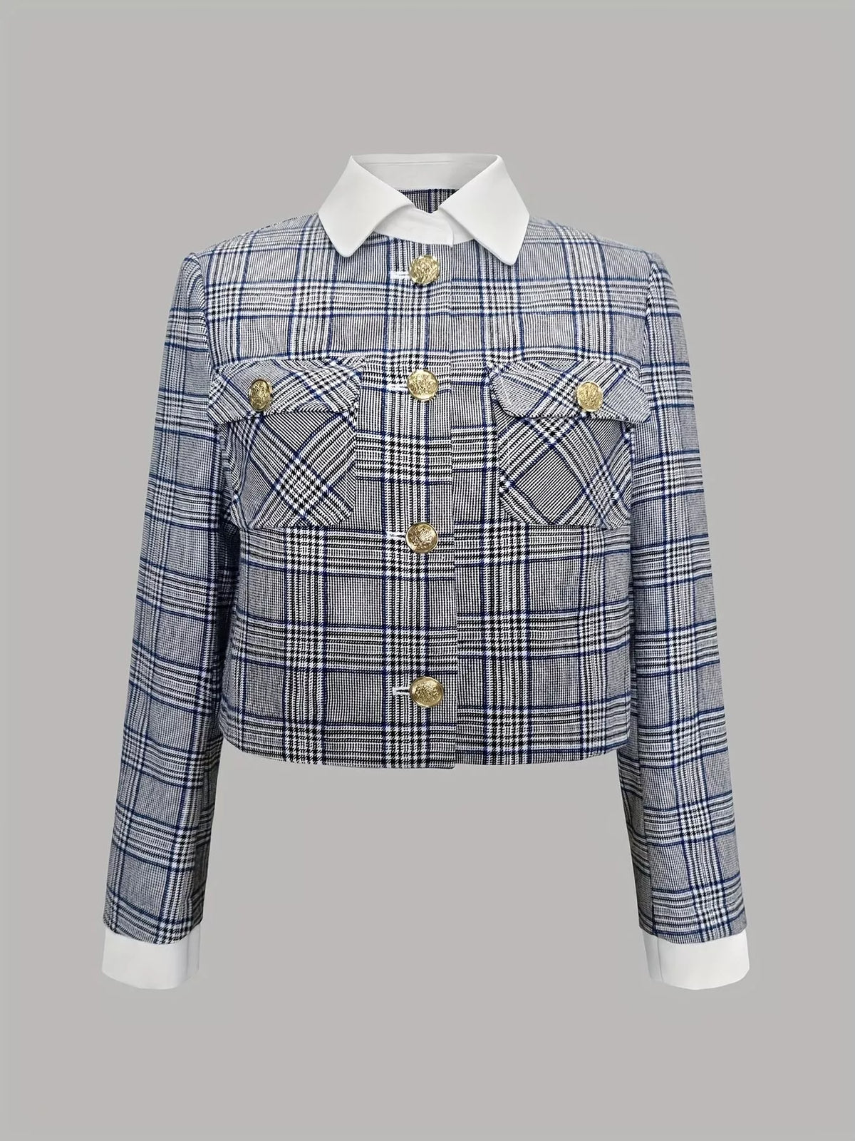 Plaid Cropped Outerwear with Contrast Collar and Gold Buttons