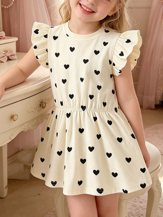 Children's Heart Print Ruffle Sleeve Dress