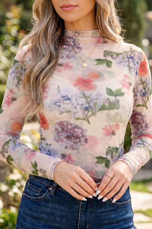 Floral Mesh Long Sleeve Thumbhole Hem Top
