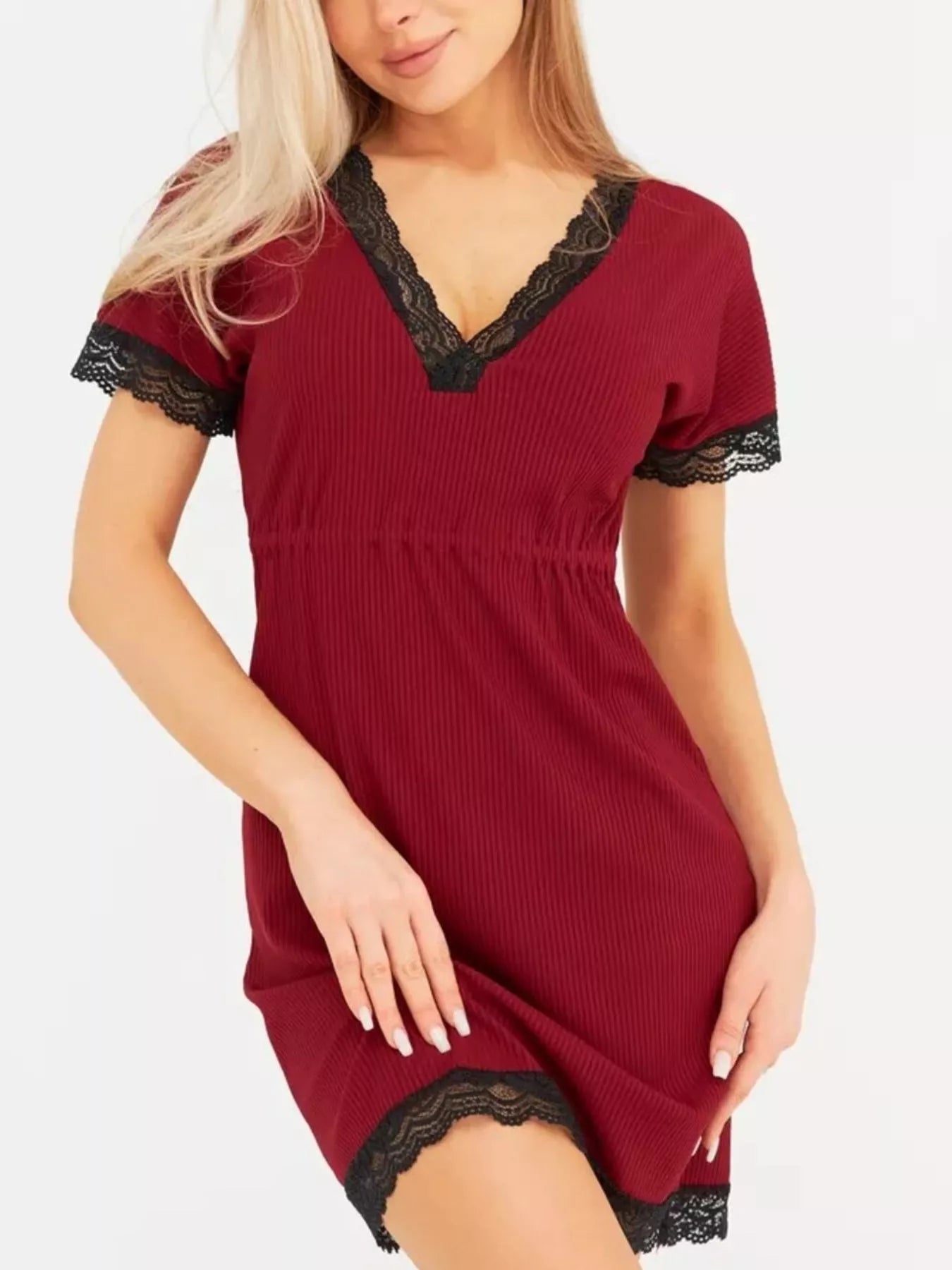 Full Size Ribbed Lace-Trim V-Neck Mini Dress Plus Size
