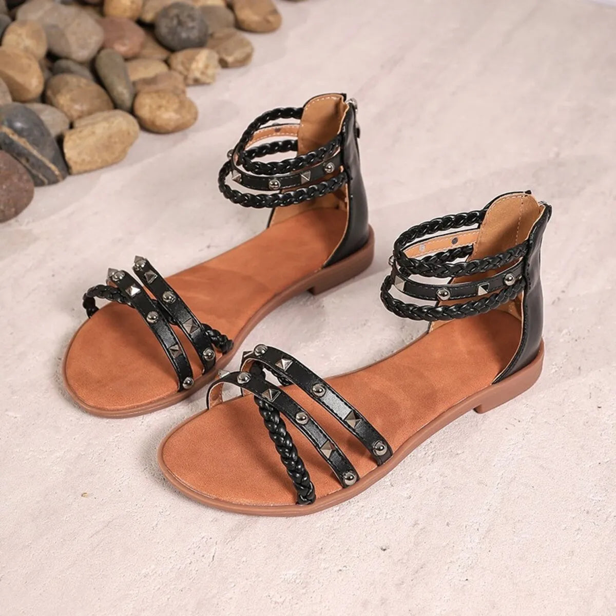Braided Ankle Strap Studded Sandals