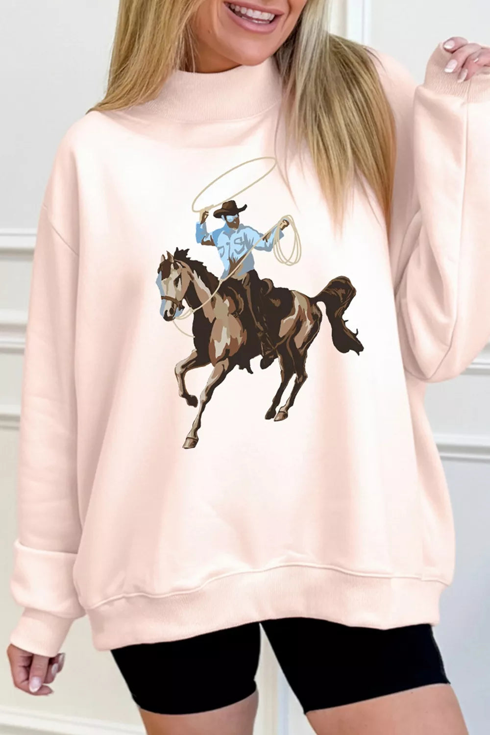 Western Cowboy Rodeo Print Mock Neck Sweatshirt