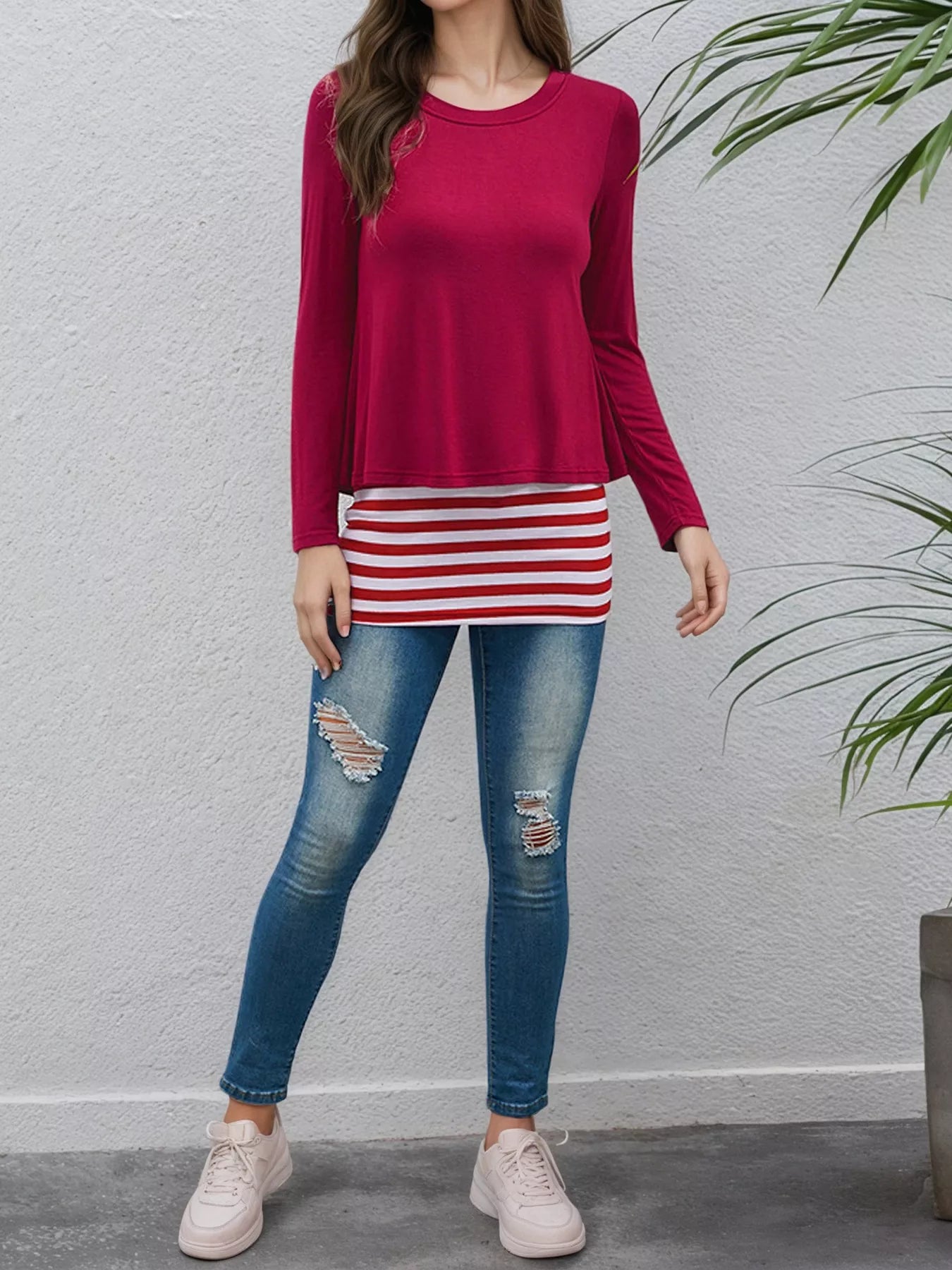 Layered Crew Neck Long Sleeve Striped T-Shirt