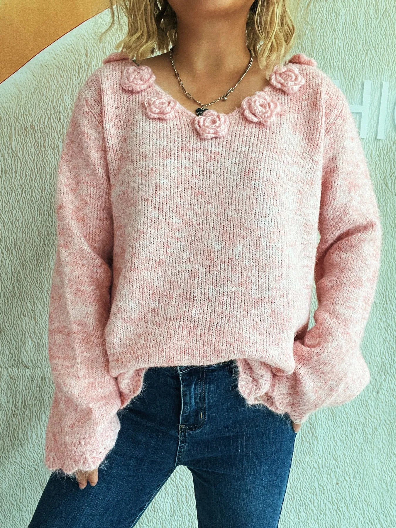 Flower V-Neck Long Sleeve Sweater
