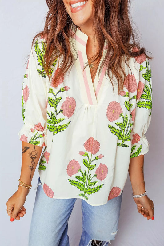 Floral Print Notched Ruffled Sleeve Blouse