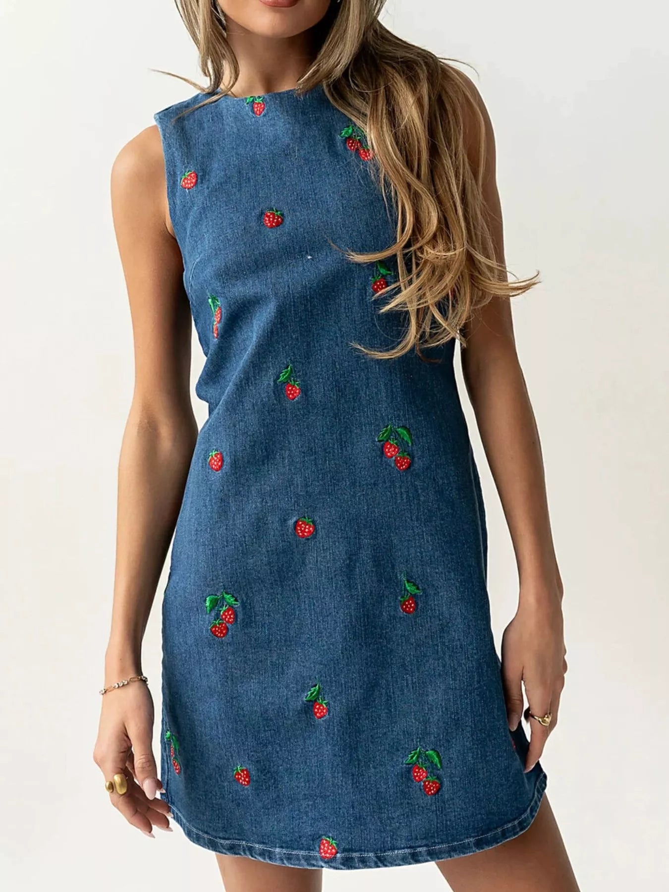 Strawberry Embroidered Sleeveless Denim Dress