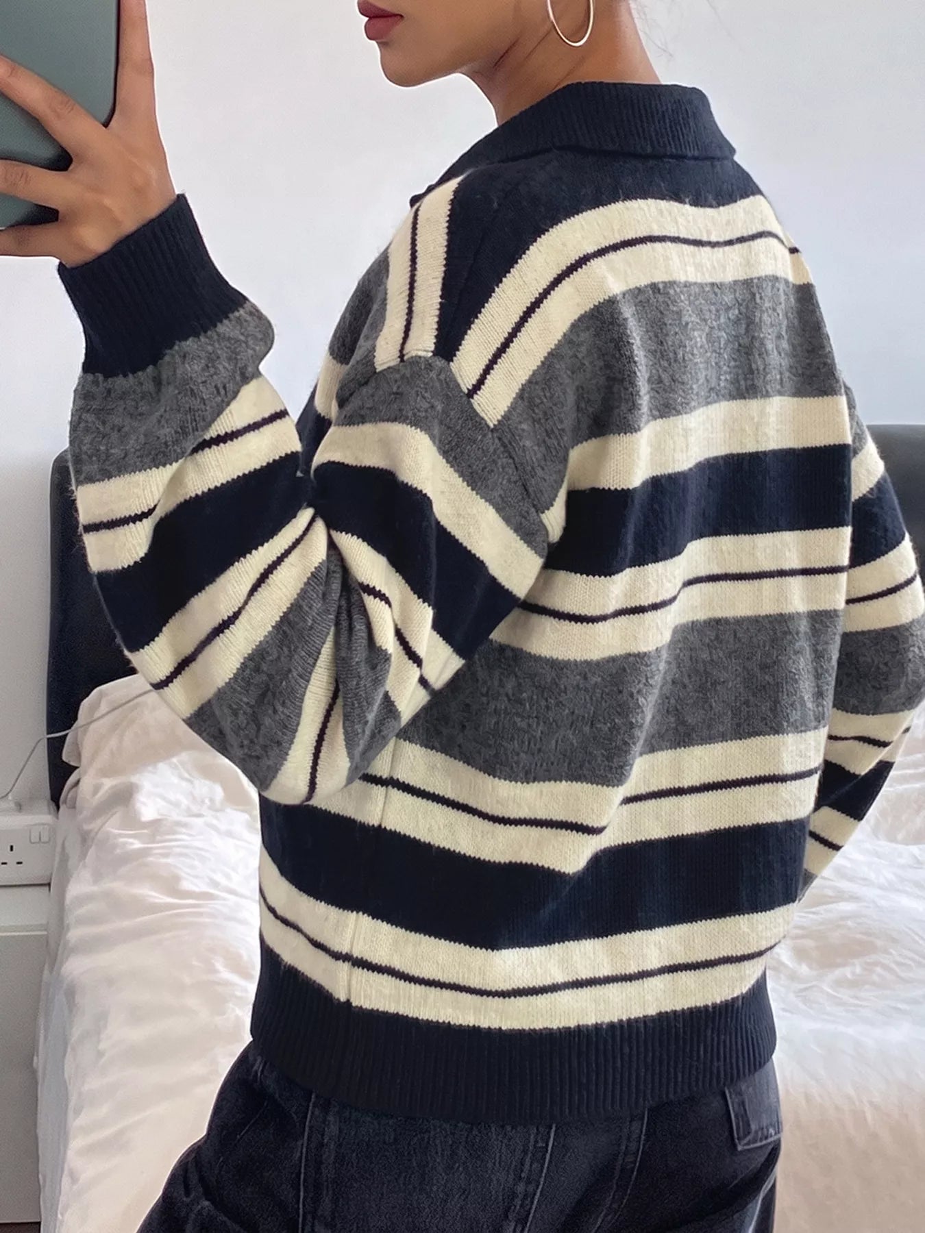 Striped Long Sleeve Button Detail Sweater