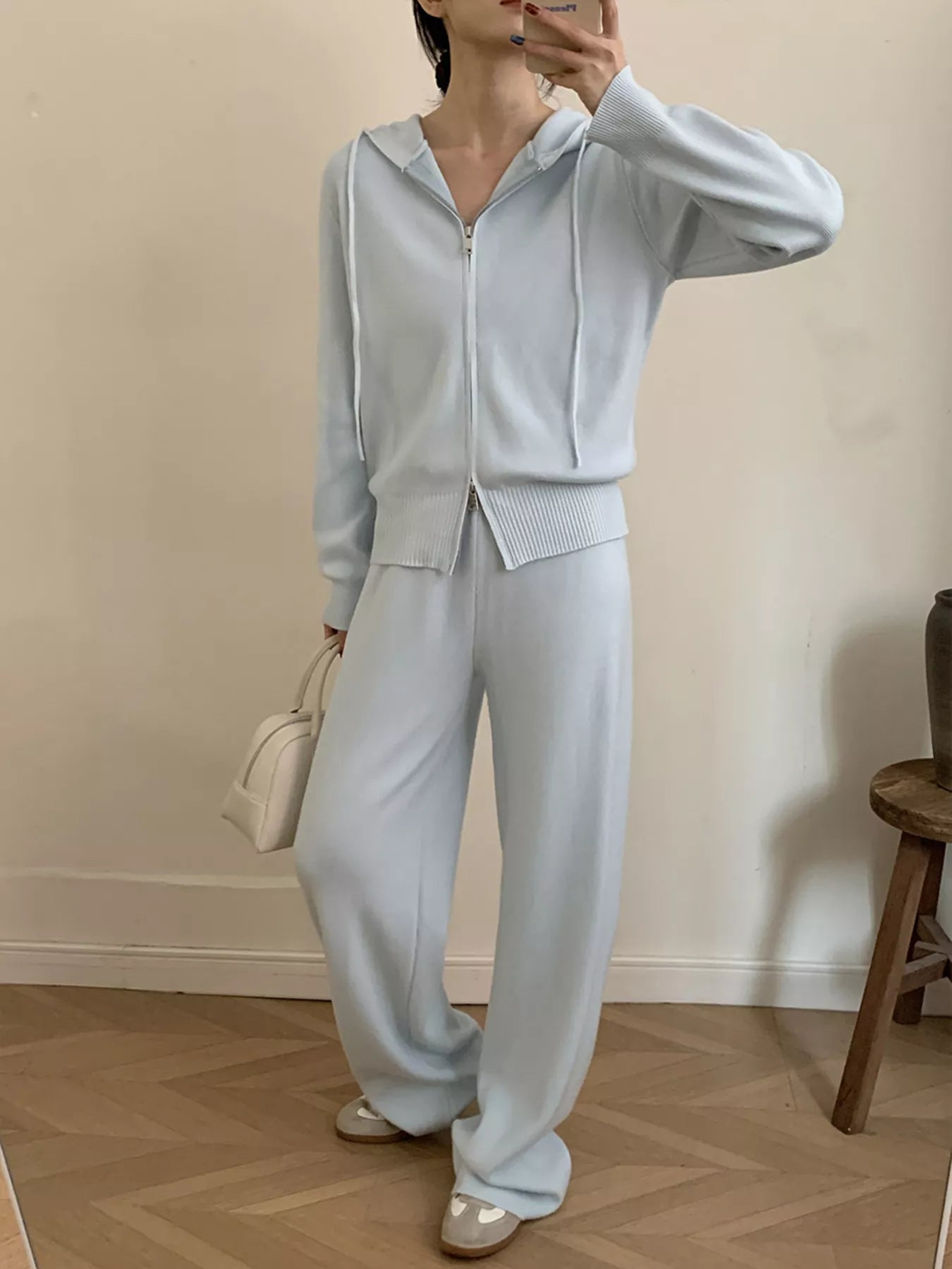 Zip Up Cardigan and Drawstring Wide Leg Pants Knit Set