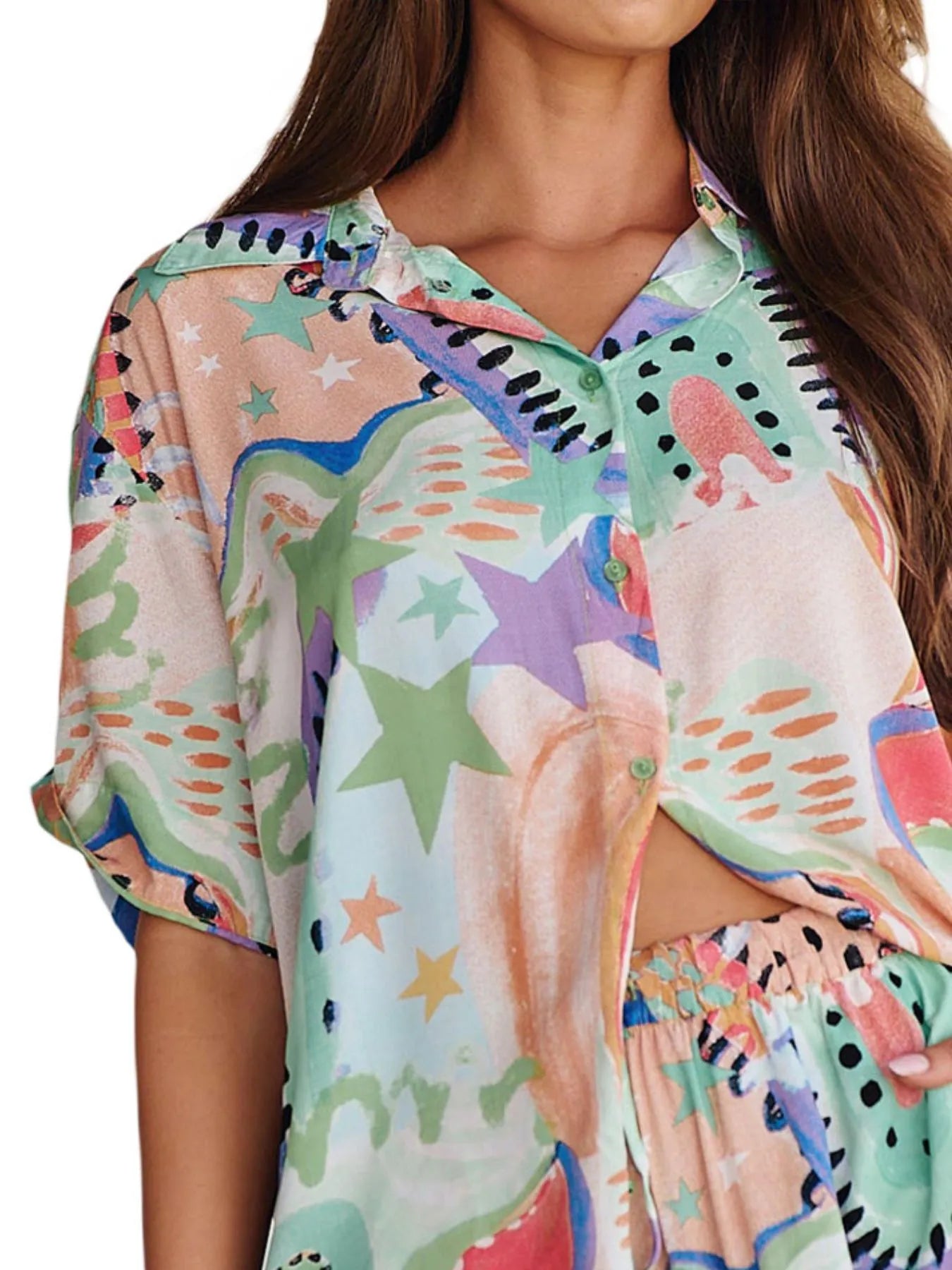 Printed Button Up Shirt and Shorts Set
