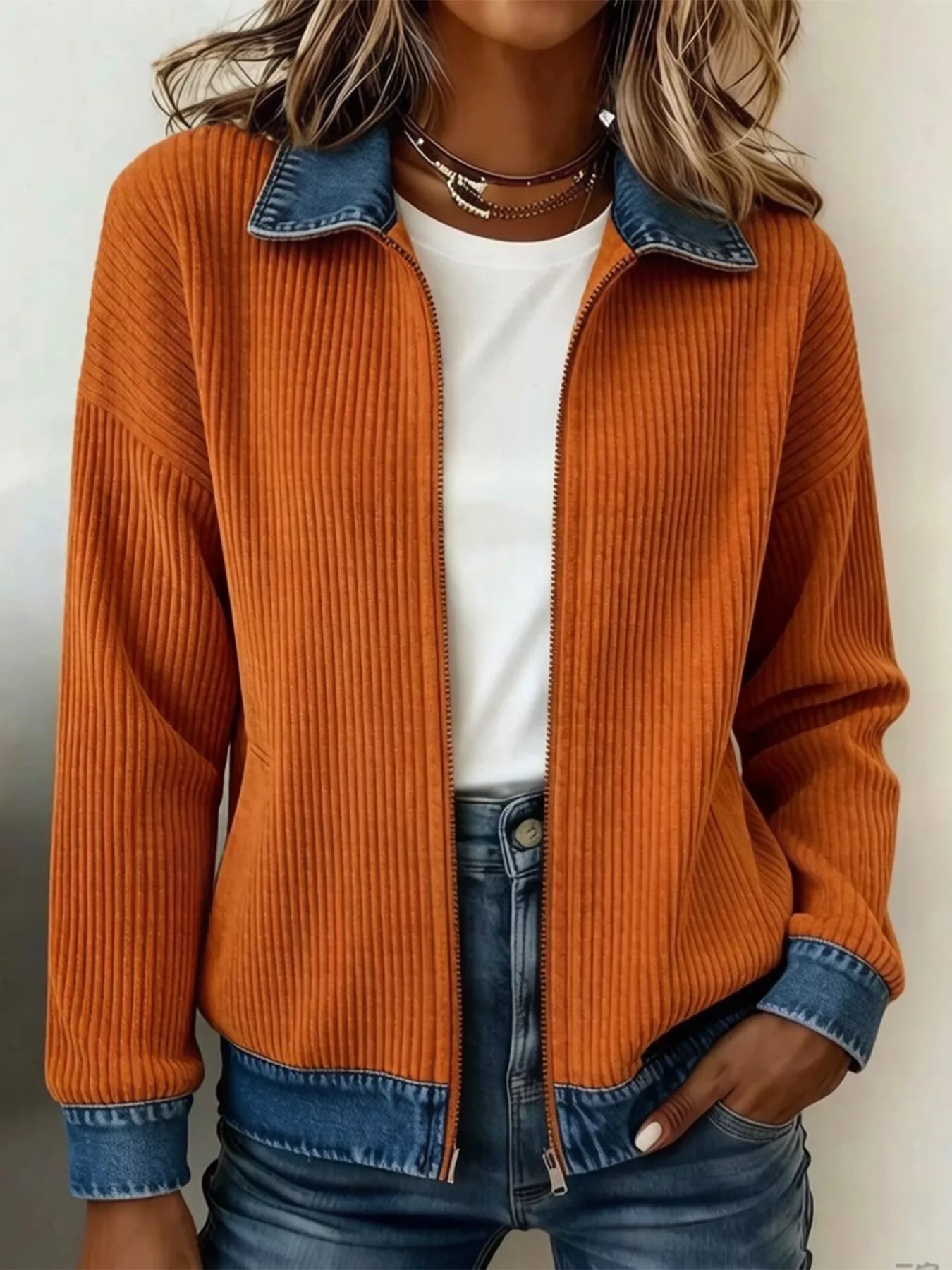 Contrast Denim Collar Ribbed Knit Jacket