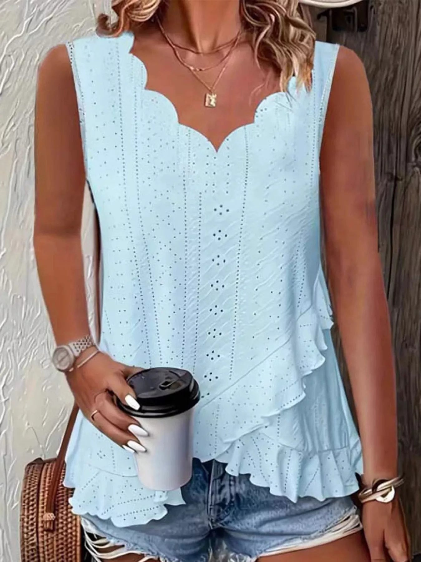 V-Neck Eyelet Ruffled Tank Top