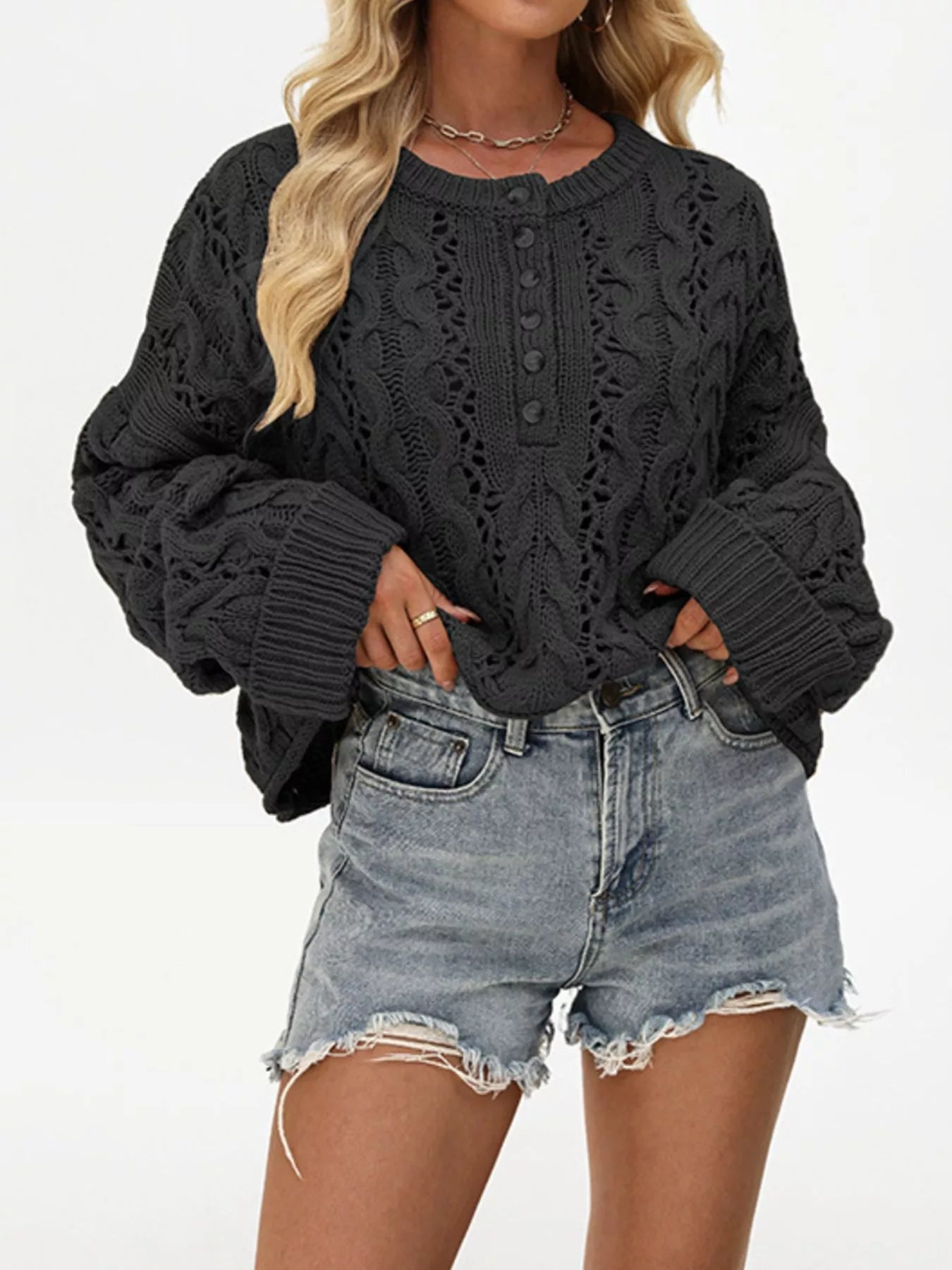Chic Cable Knit Half-Button Openwork Sweater