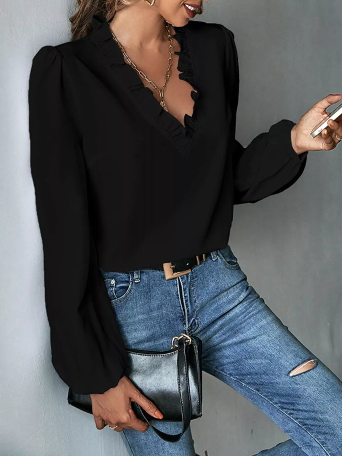 Ruffled Trim V-Neck Blouse