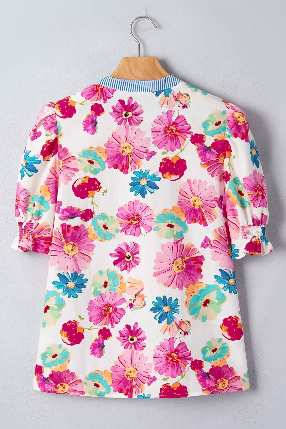 Floral Print Short Puff Sleeve Striped Trim V Neck Blouse