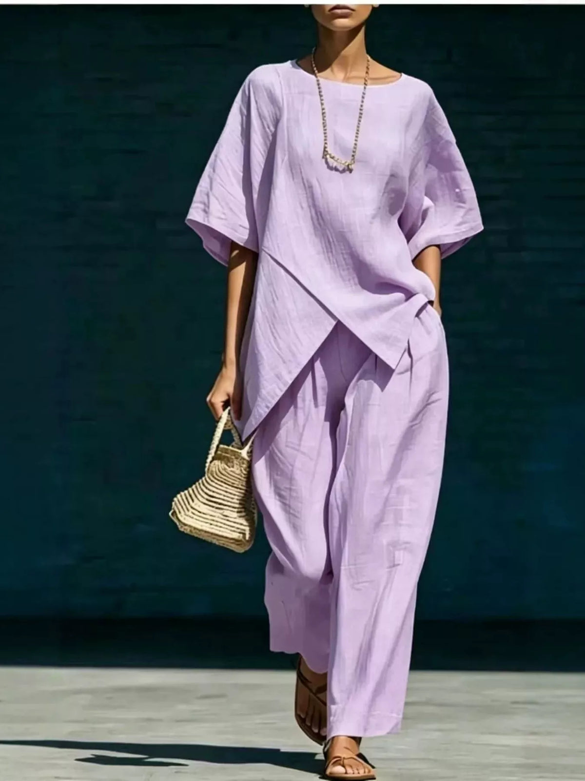 Full Size Asymmetric Top and Wide-Leg Pants Set Plus Size