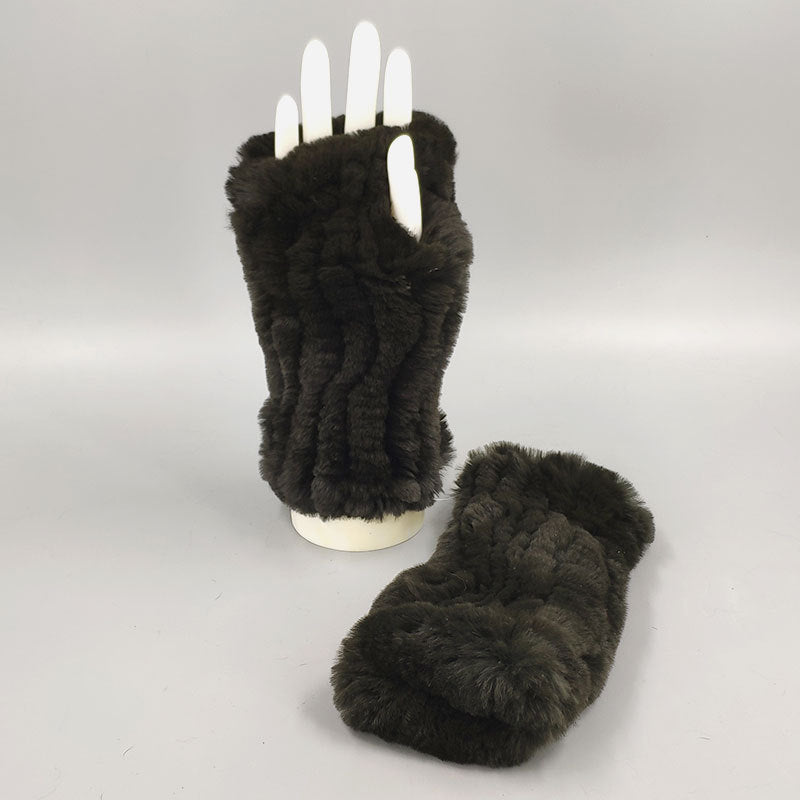 Winter Wristband Mid-Length Gloves - Rex Rabbit Fur Insulation With Striped Half-Finger Design