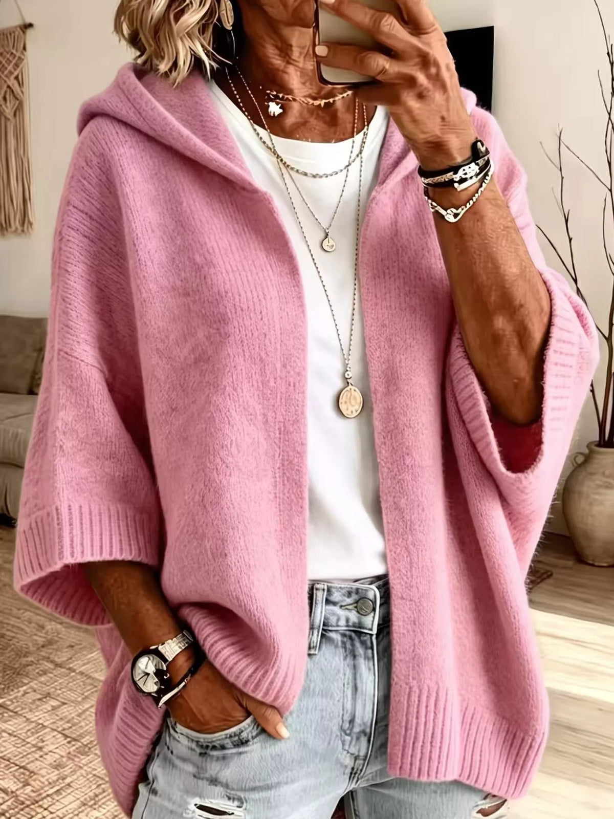 Full Size Hooded Open-Front Knit Cardigan Plus Size