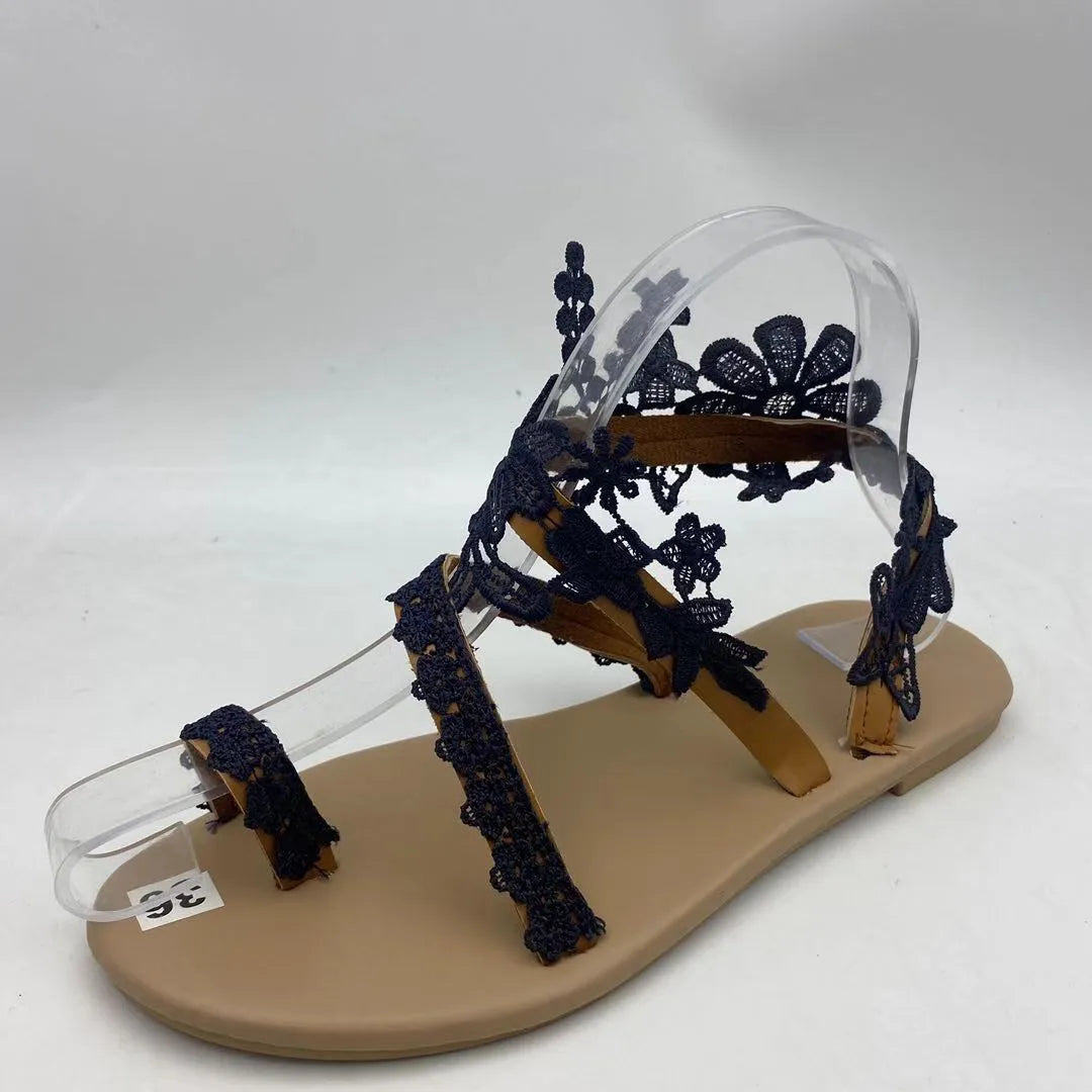 Lace Flower Toe Ring Flat Sandals