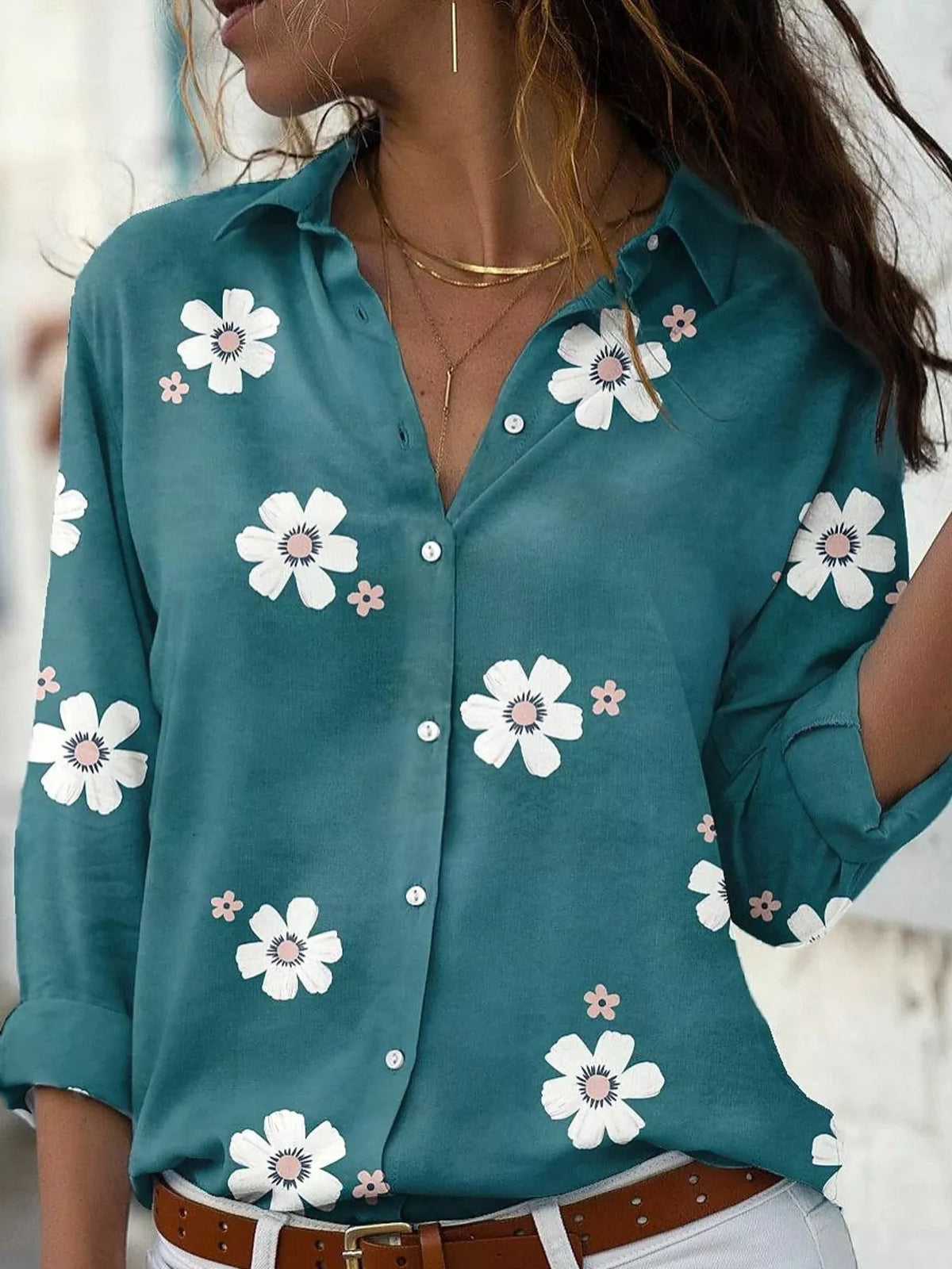 Full Size Floral Print Button-Down Casual Shirt Plus Size
