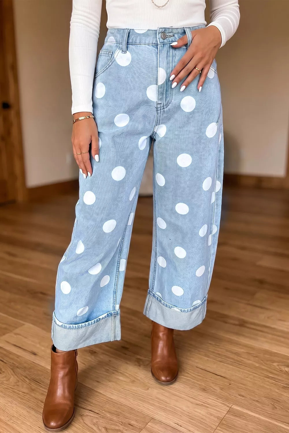 Polka Dot Ankle-Length Metal Button Casual Jeans