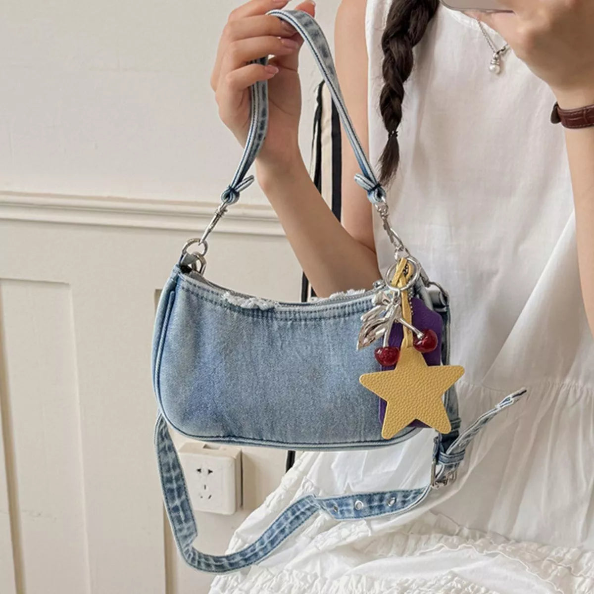 Star Charm Denim Shoulder Bag