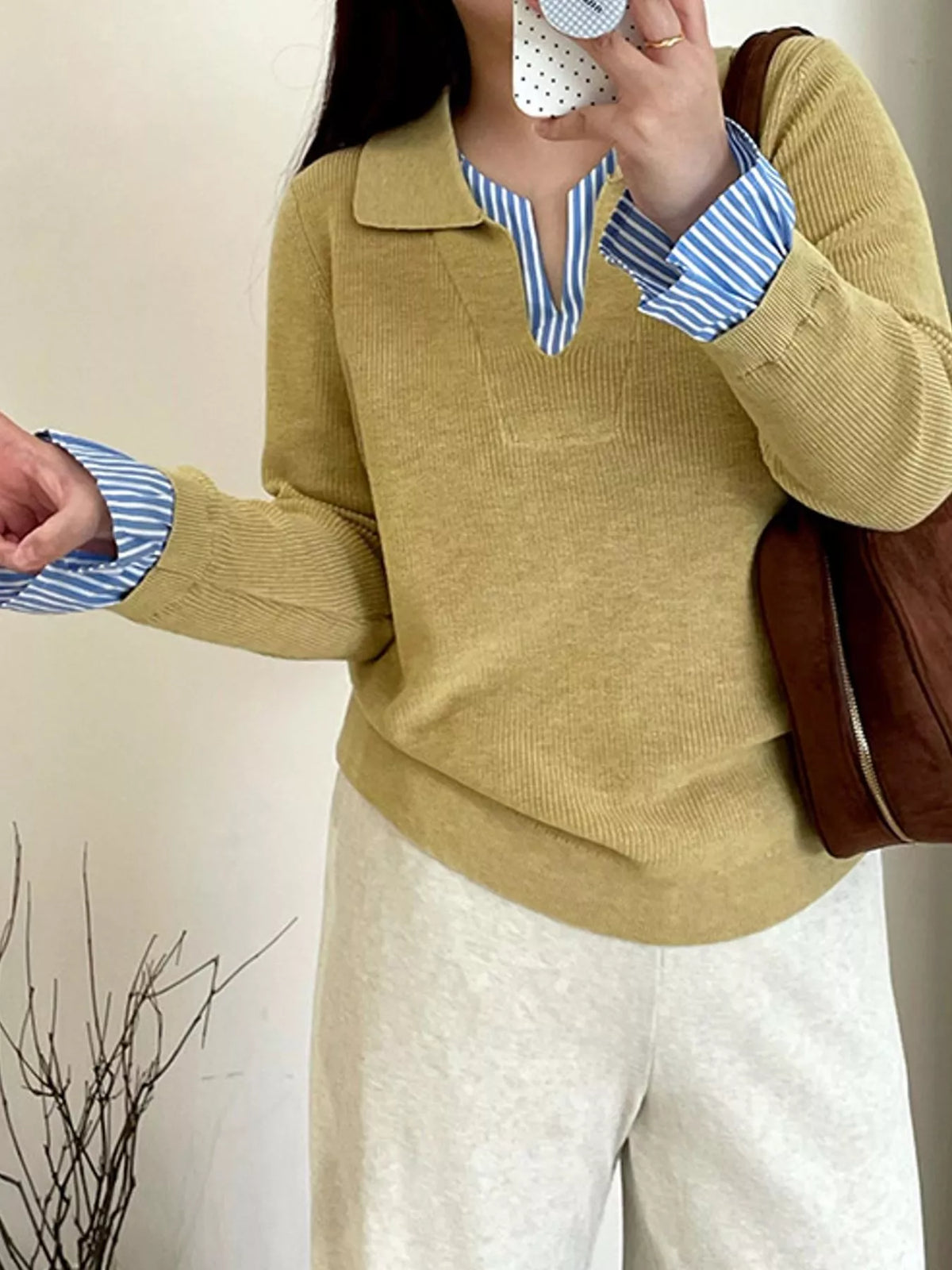 Plus Size Layered Look Striped Long Sleeve Sweater