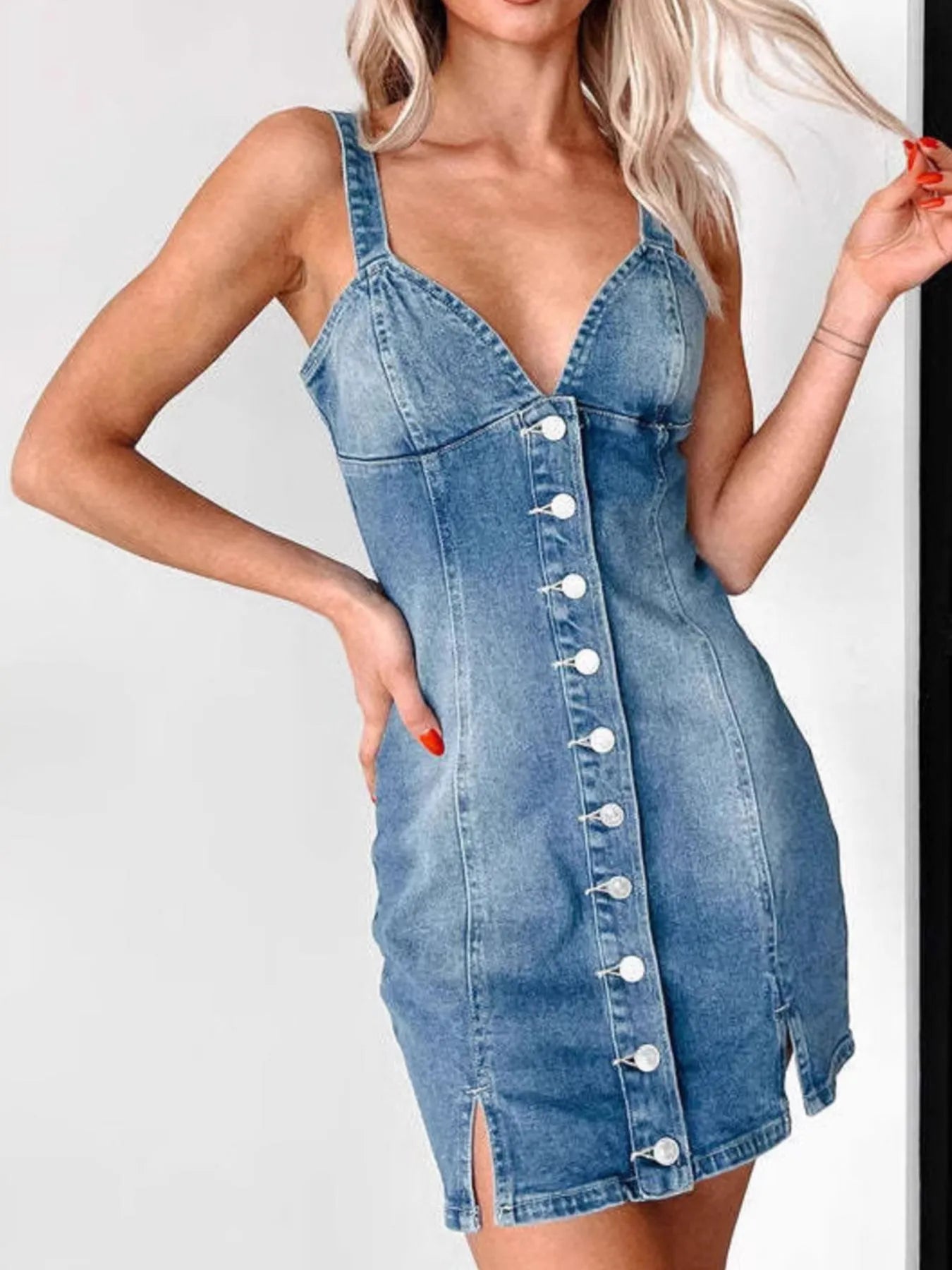 Button Front Sweetheart Neck Denim Mini Dress