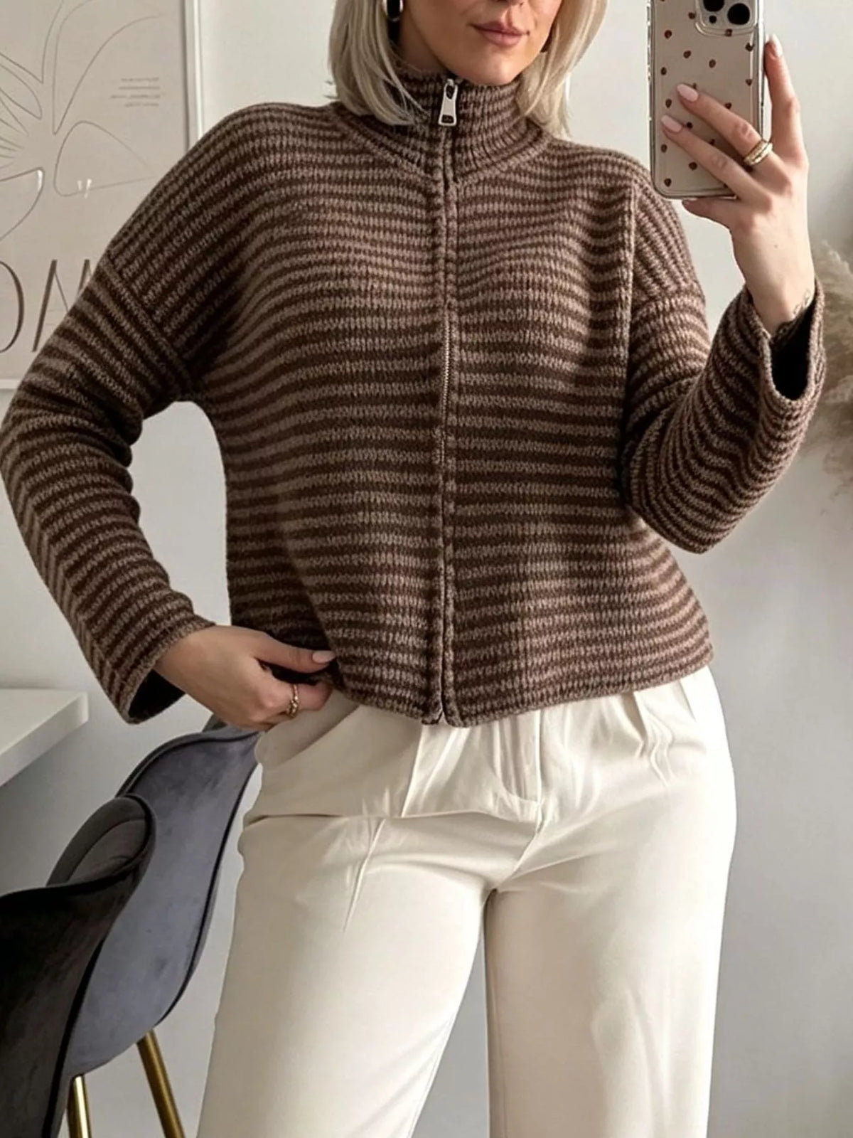 Striped Zip-Up Knit Cardigan