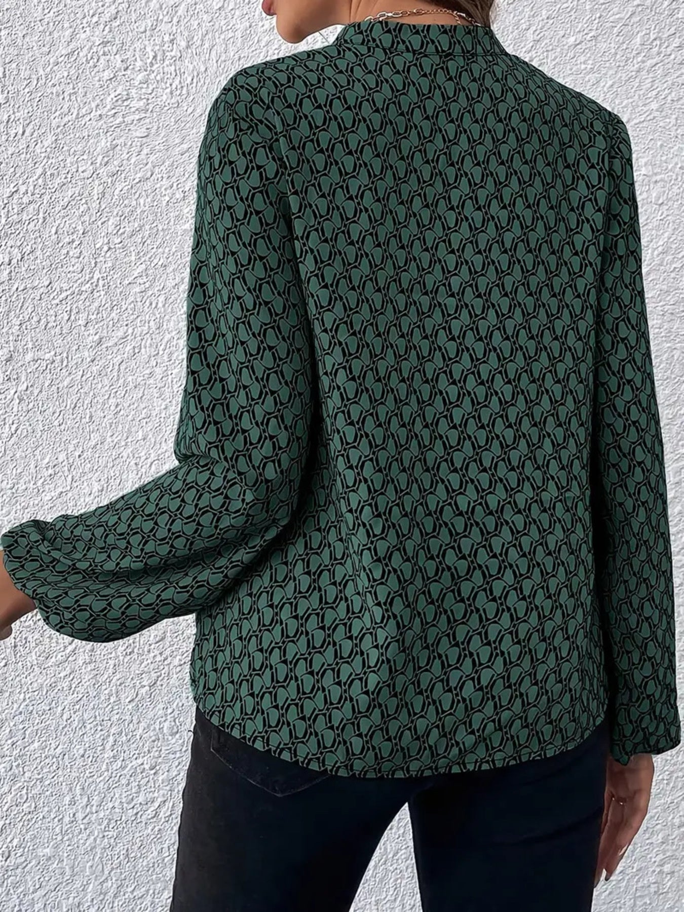 Printed Notched Balloon Sleeve Blouse