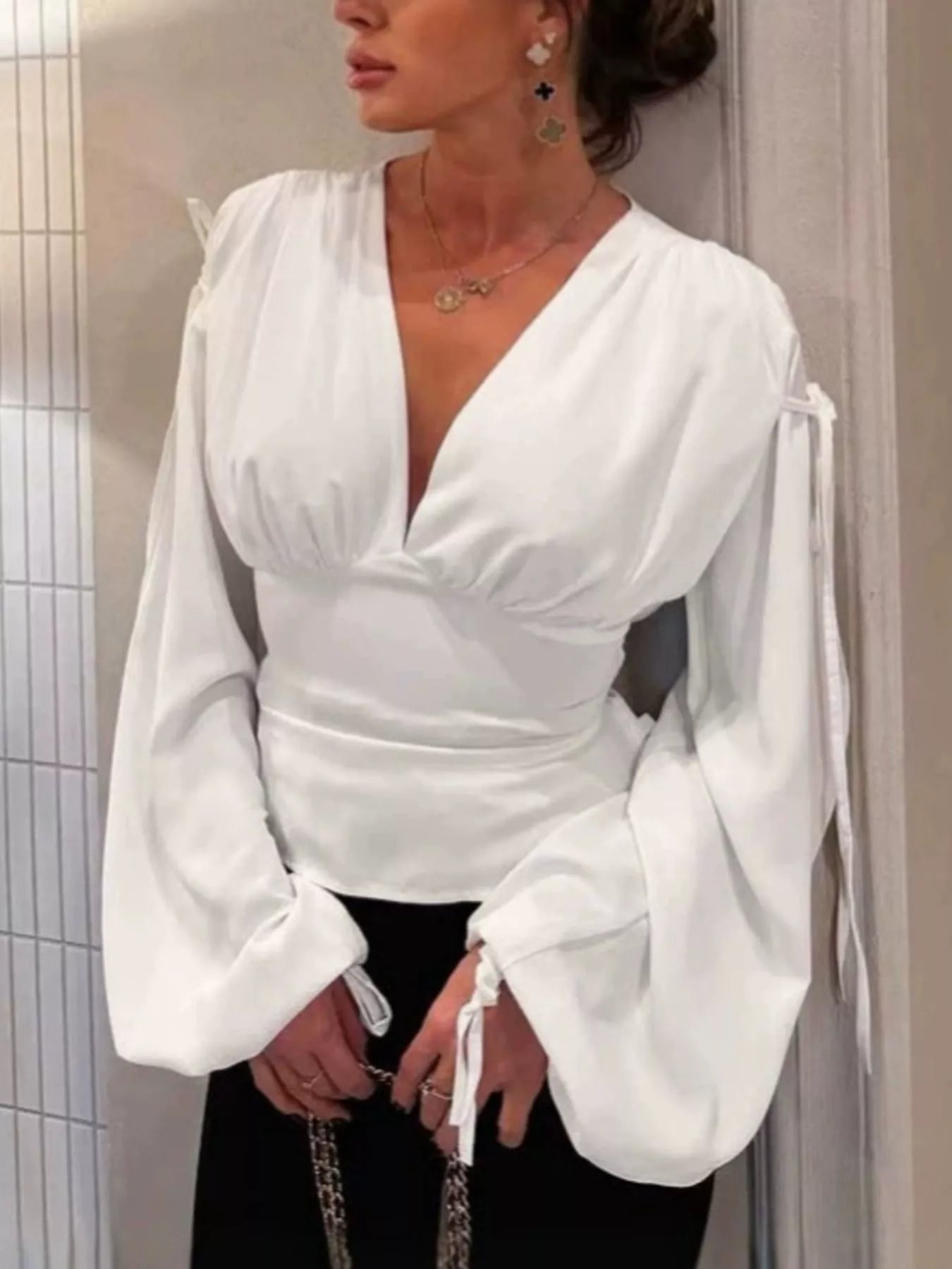 Tied V-Neck Balloon Sleeve Blouse
