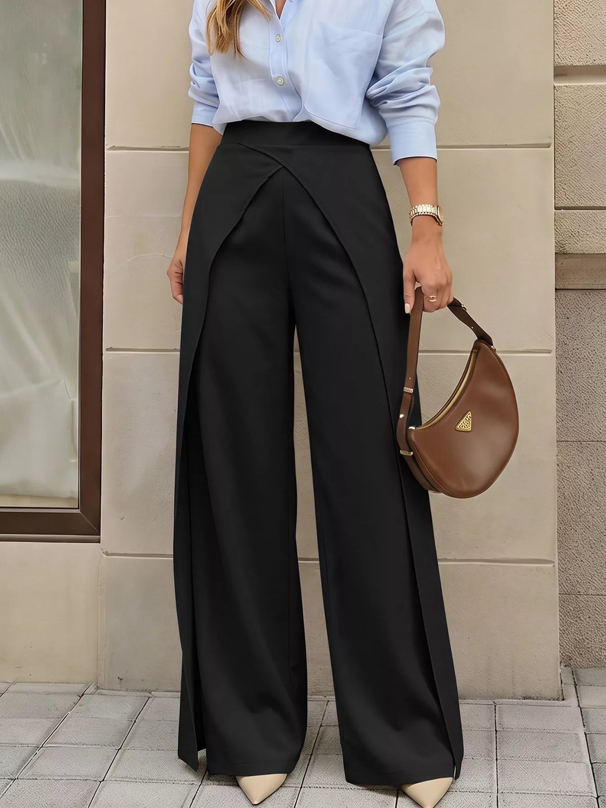 Wide-Leg Pants with Overlap Front Detail