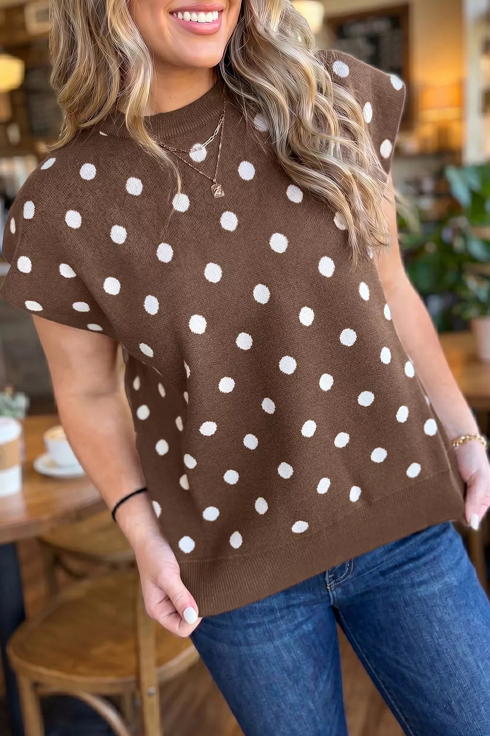 Dolman Short Sleeve Round Neck Polka Dot Sweater