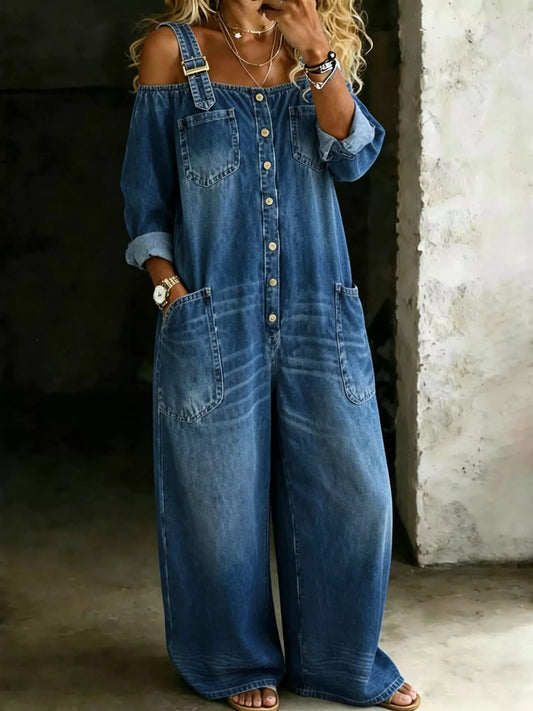 Full Size Button Front Wide-Leg Jumpsuit Plus Size